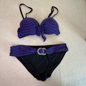 Purple Black Striped Bikini Set Push Up Top Ring Detail Bottoms Medium 0421